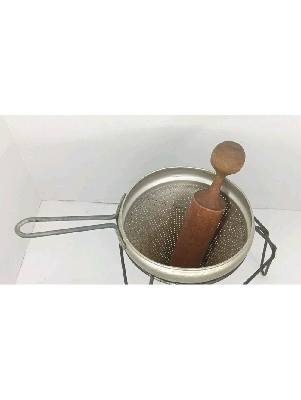 Vintage VIKO  Aluminum Cone Colander Sieve  w/Steel Rack and Pestle Canning